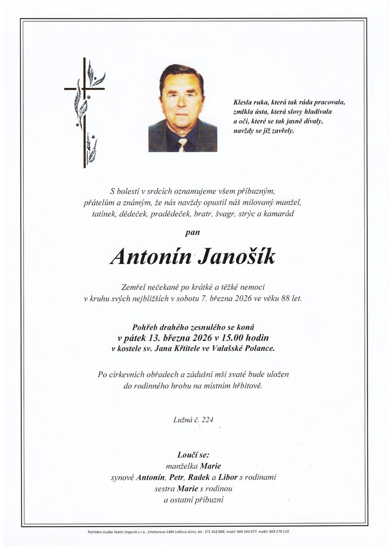 Smuteční oznámení – Antonín Janošík