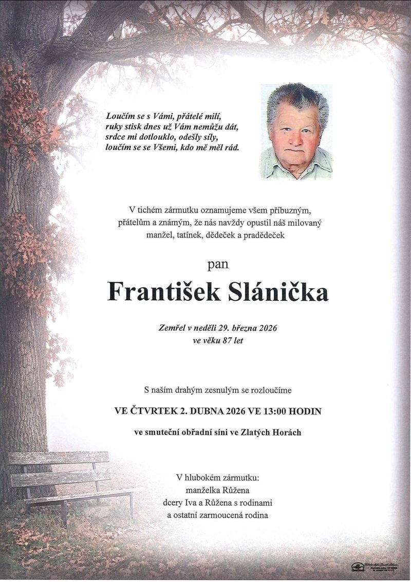 Smuteční oznámení – František Slánička