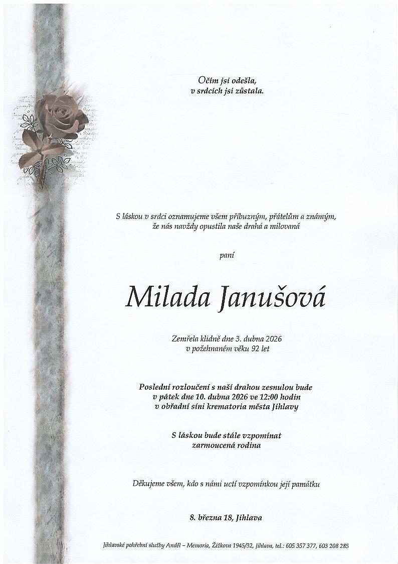 Smuteční oznámení – Milada Janušová