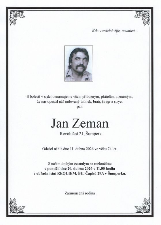 Smuteční oznámení – Jan Zeman