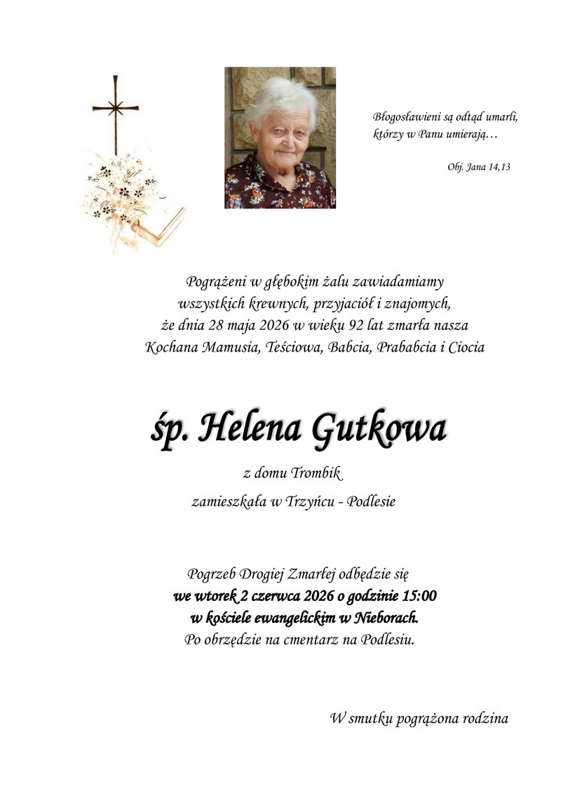 Smuteční oznámení – Helena Gutkowa