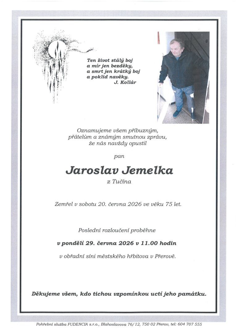Smuteční oznámení – Jaroslav Jemelka