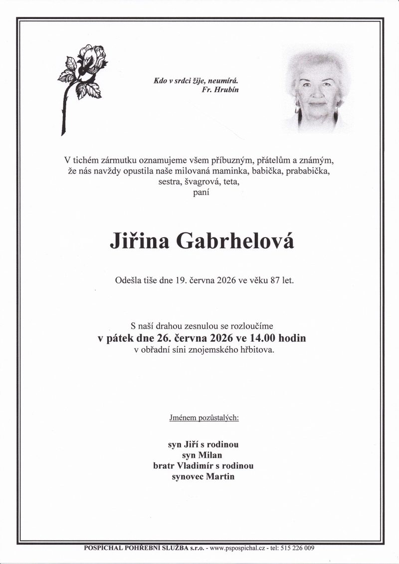 Smuteční oznámení – Jiřina Gabrhelová