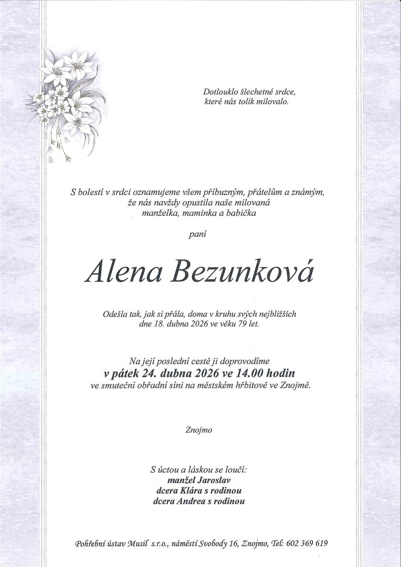 Smuteční oznámení – Alena Bezunkováa