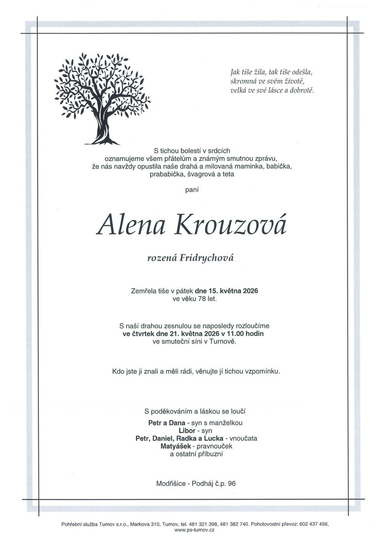 Smuteční oznámení – Alena Krouzová