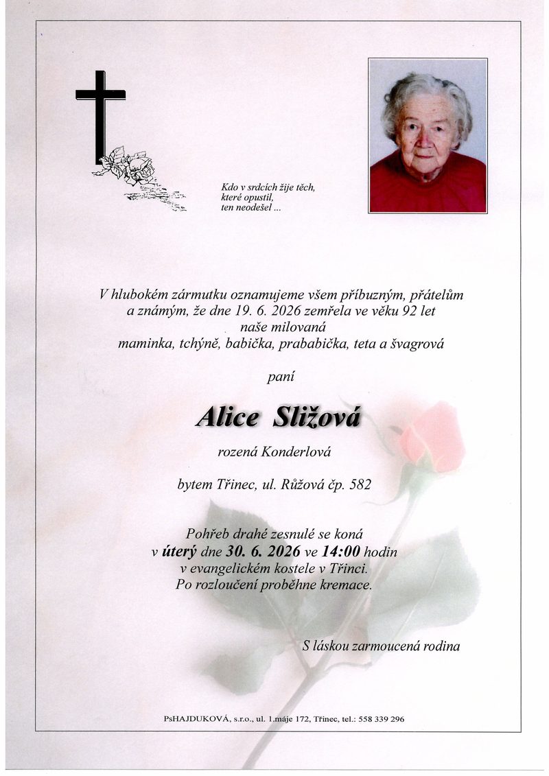 Smuteční oznámení – Alice Sližová