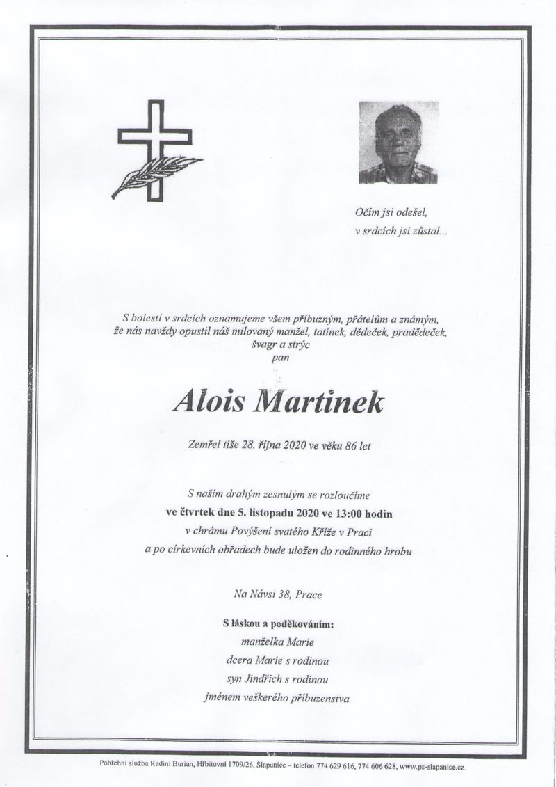 Smuteční oznámení – Alois Martinek