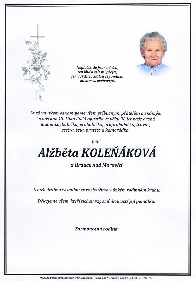 Smuteční oznámení – Alžběta Koleňáková