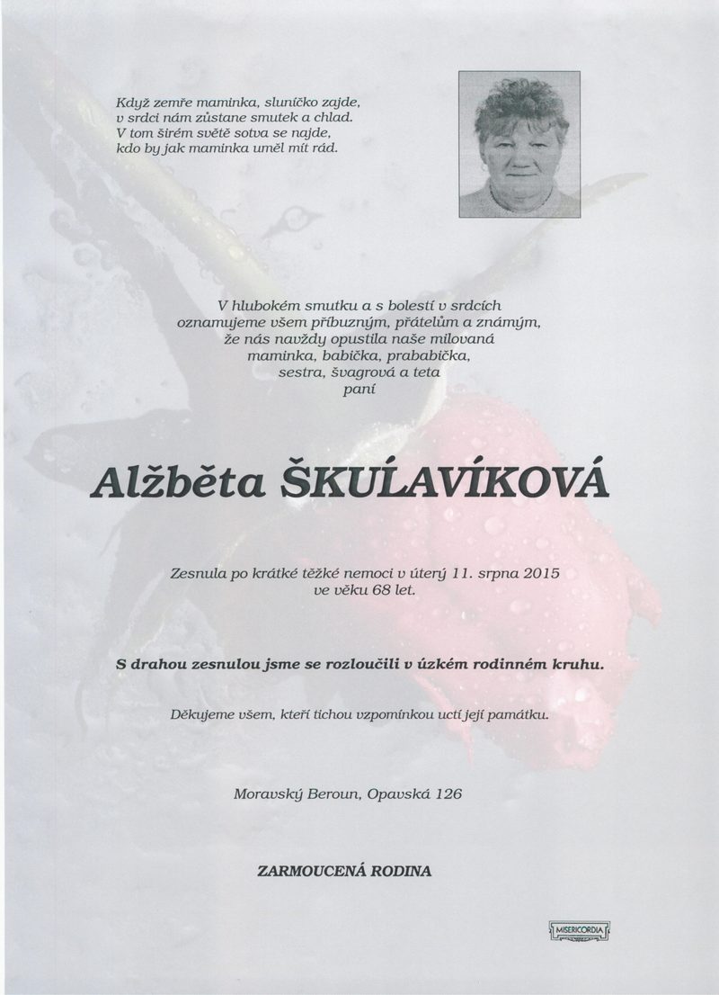 Smuteční oznámení – Alzbeta Skuavikova