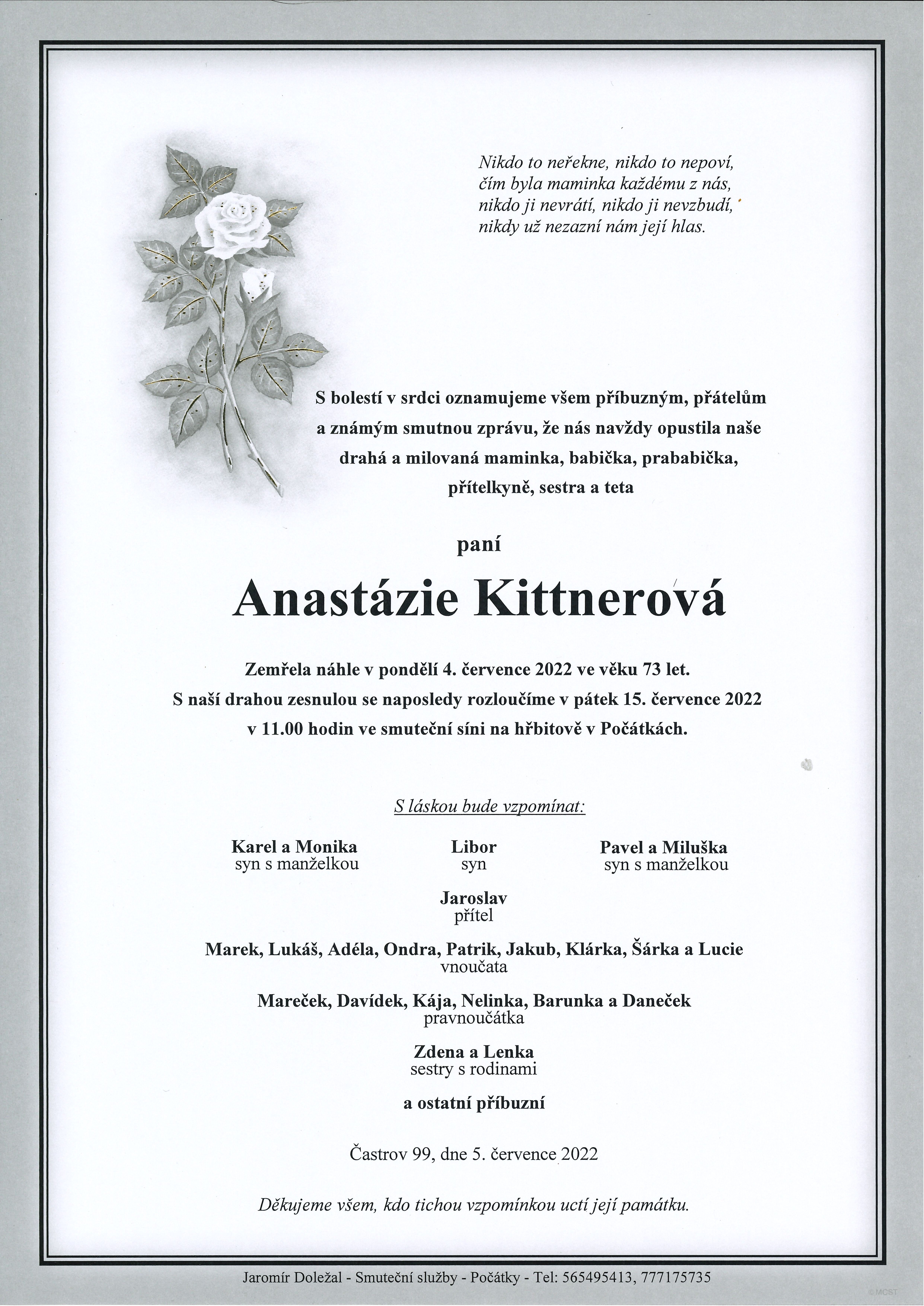 Smuteční oznámení – Anastázie Kittnerová