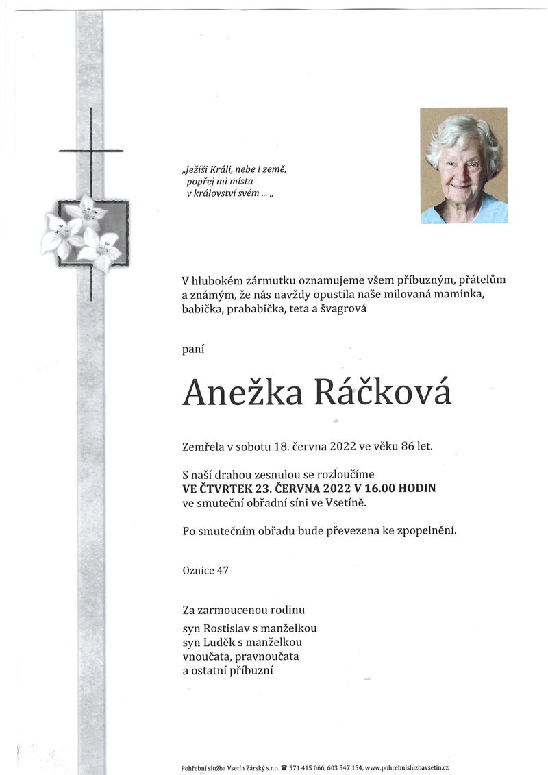 Smuteční oznámení – Anežka Ráčková
