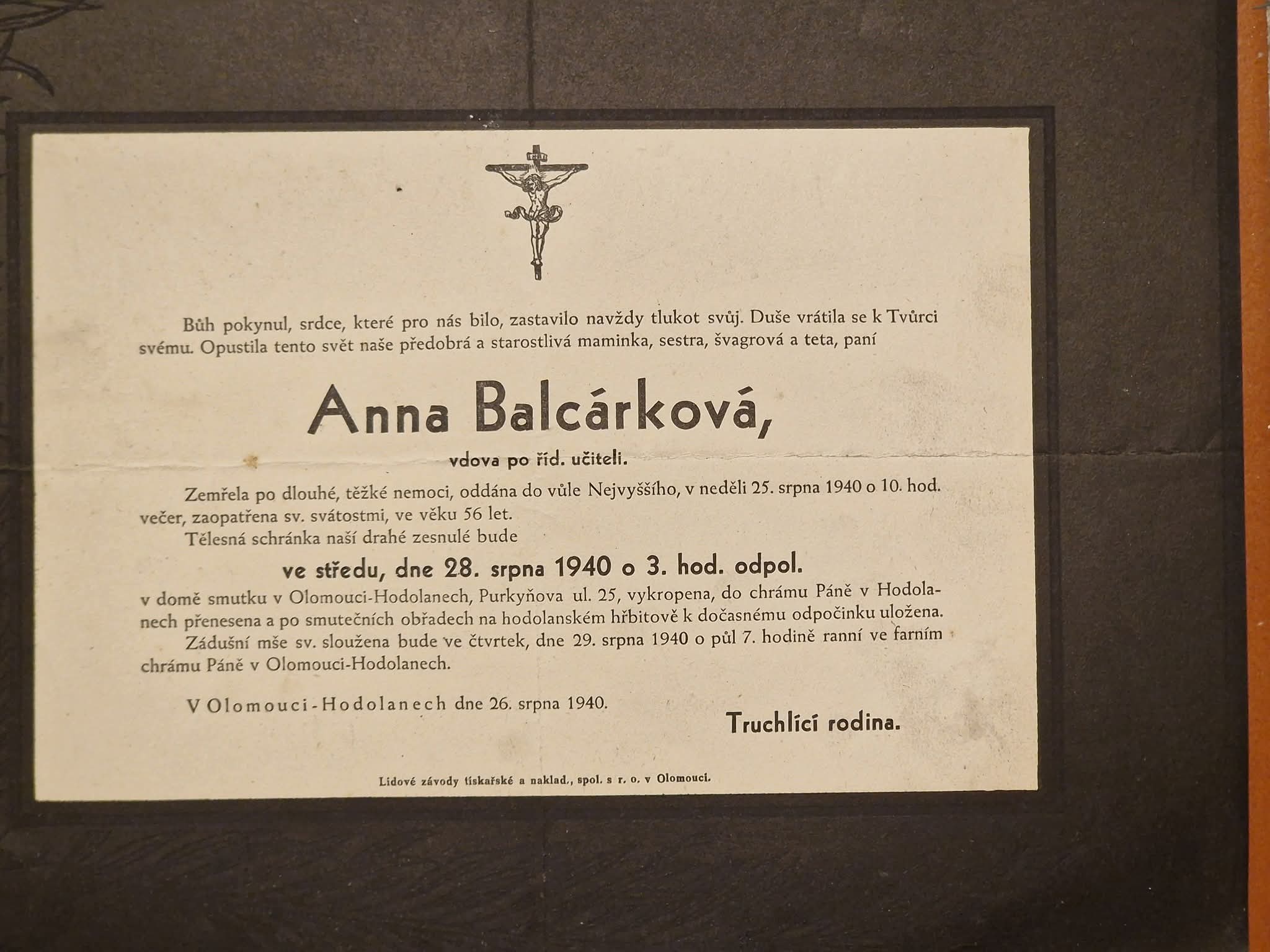 Smuteční oznámení – Anna Balcárková
