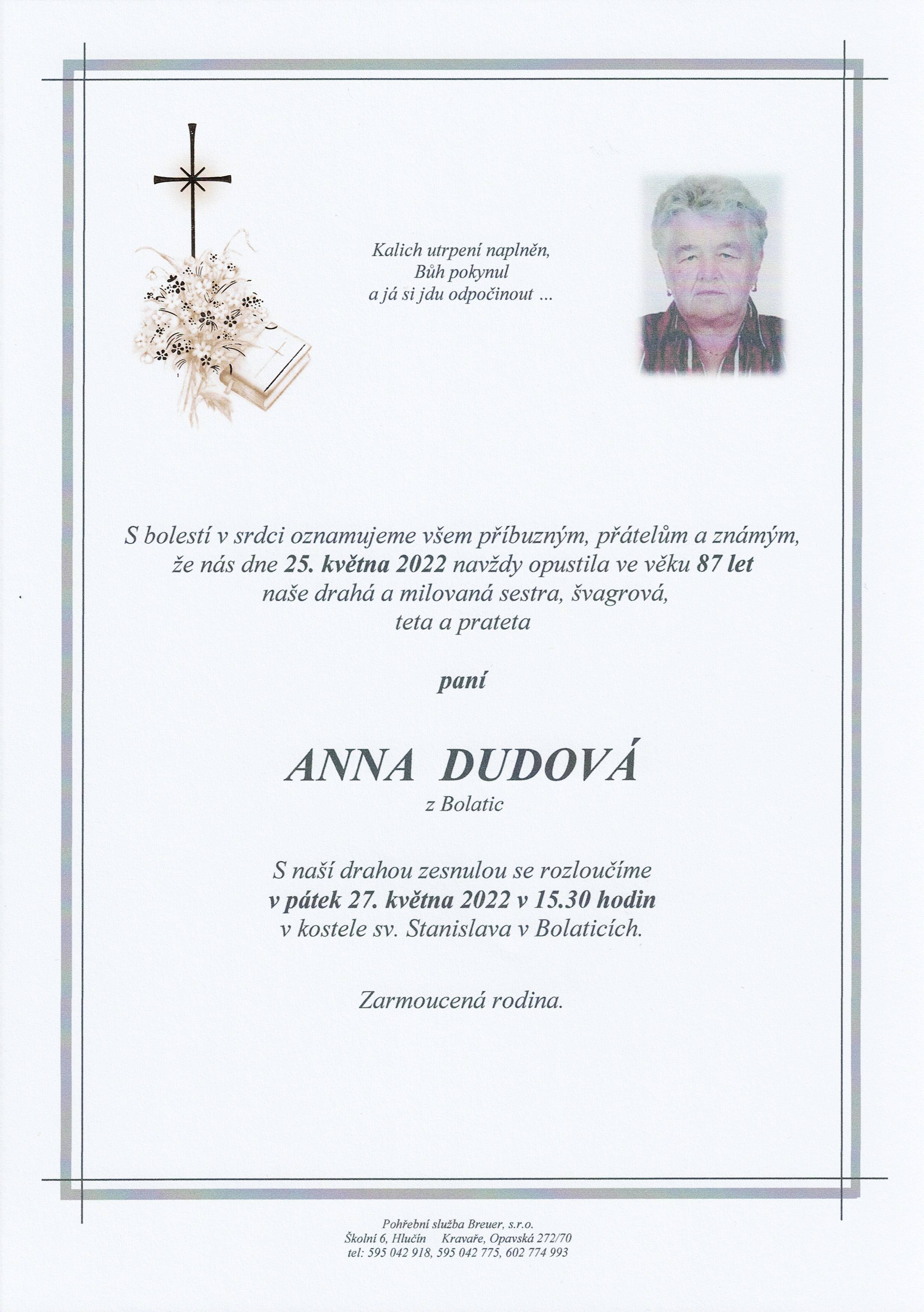Smuteční oznámení – Anna Dudová