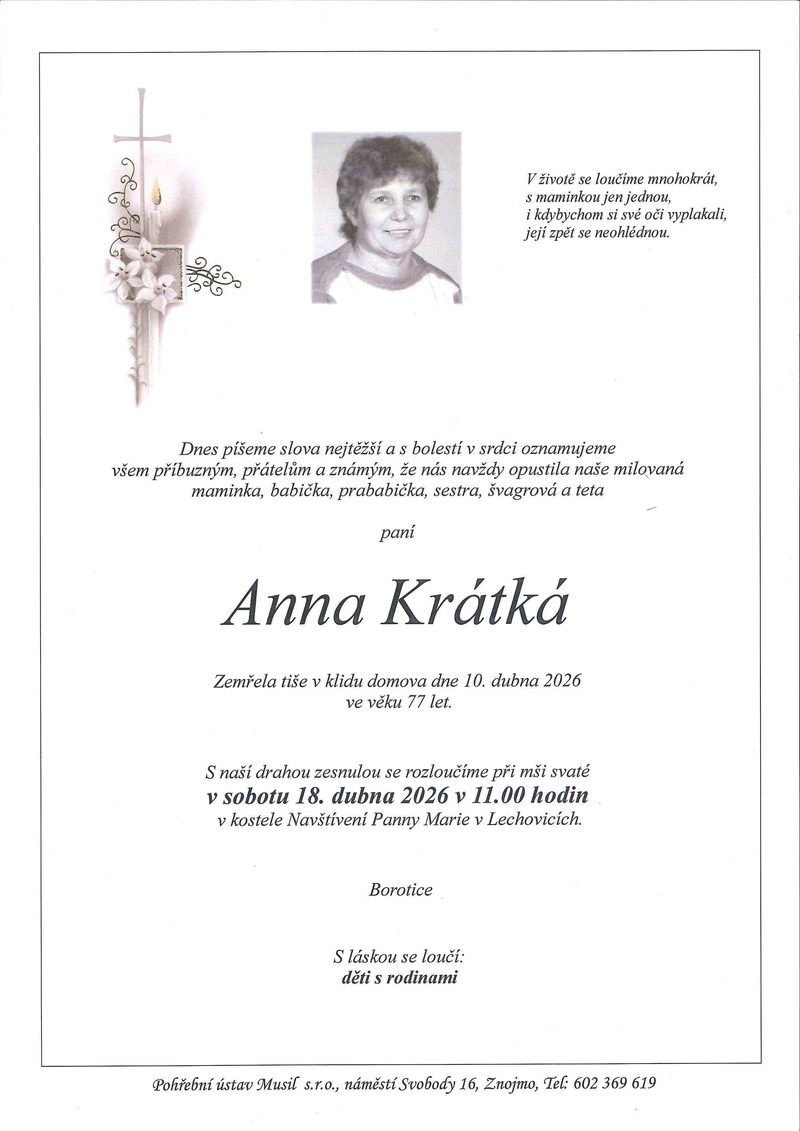 Smuteční oznámení – Anna Kratka
