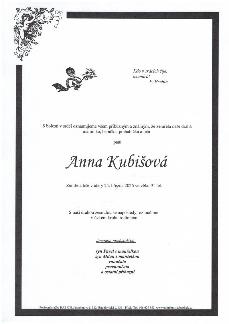 Smuteční oznámení – Anna Kubišová