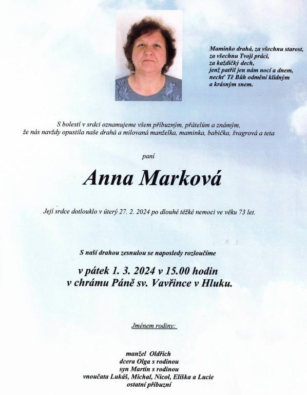 Smuteční oznámení – Anna Marková