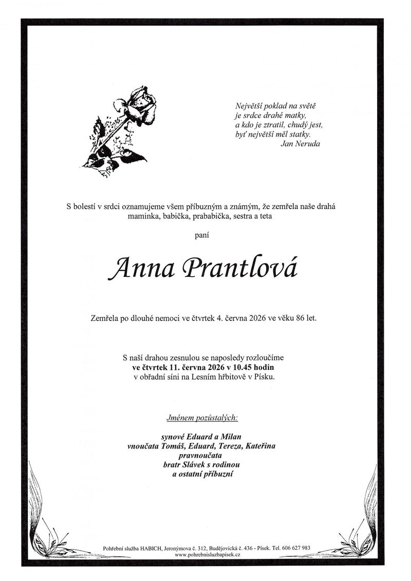 Smuteční oznámení – Anna Prantlová