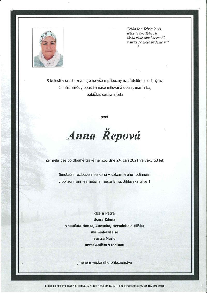 Smuteční oznámení – Anna Repová
