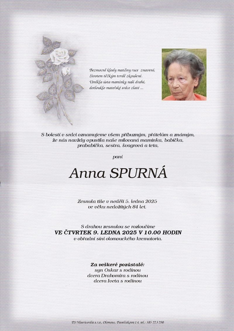 Smuteční oznámení – Anna Spurná