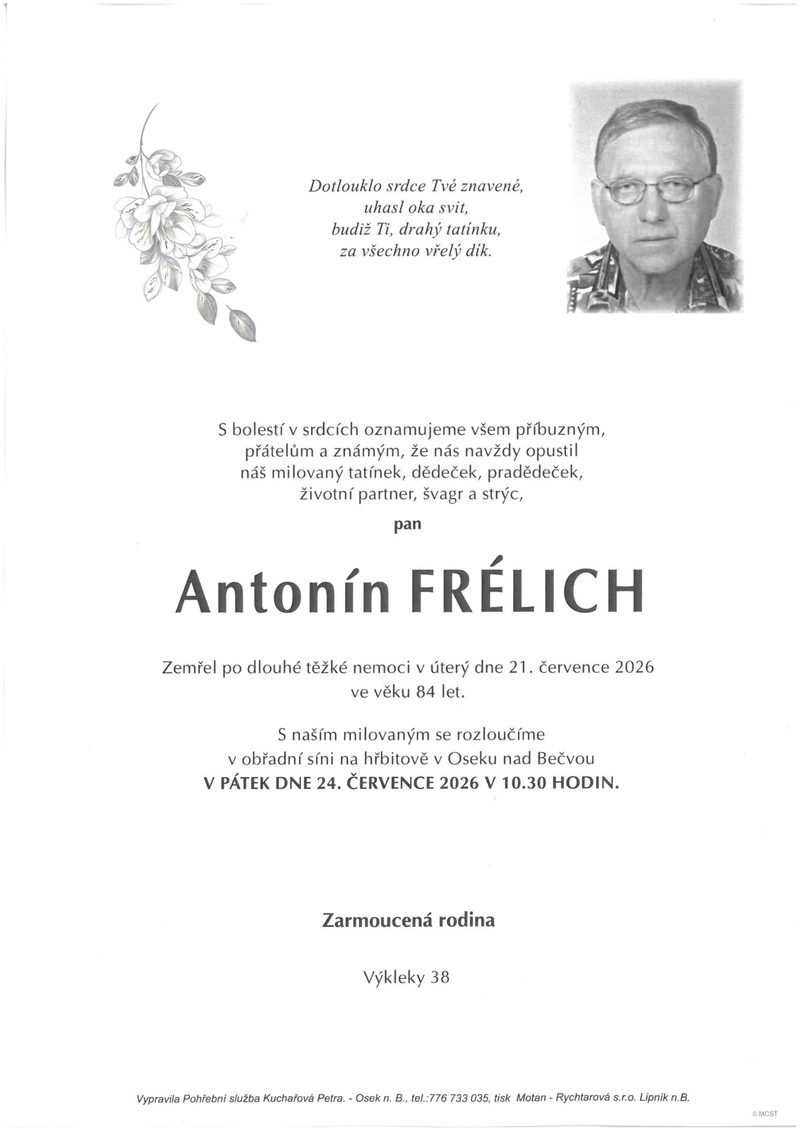 Smuteční oznámení – Antonín FRÉLICH