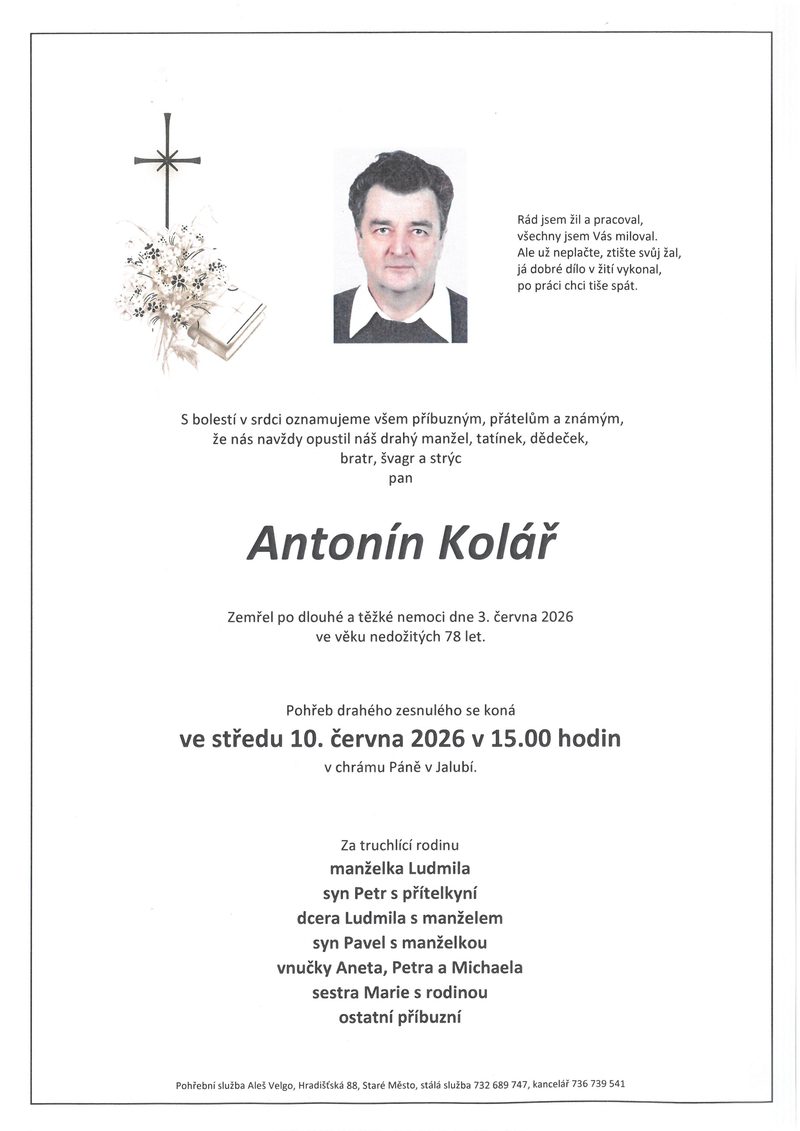 Smuteční oznámení – Antonín Kolář
