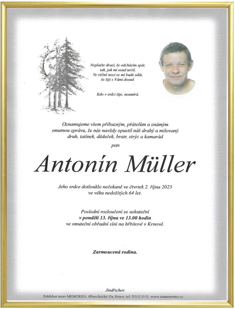 Smuteční oznámení – Antonin Mller