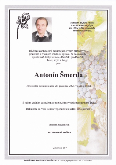 Smuteční oznámení – Antonin Smerda