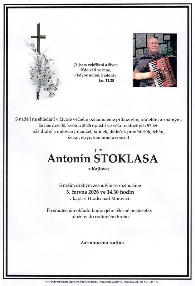 Smuteční oznámení – Antonín Stoklasa