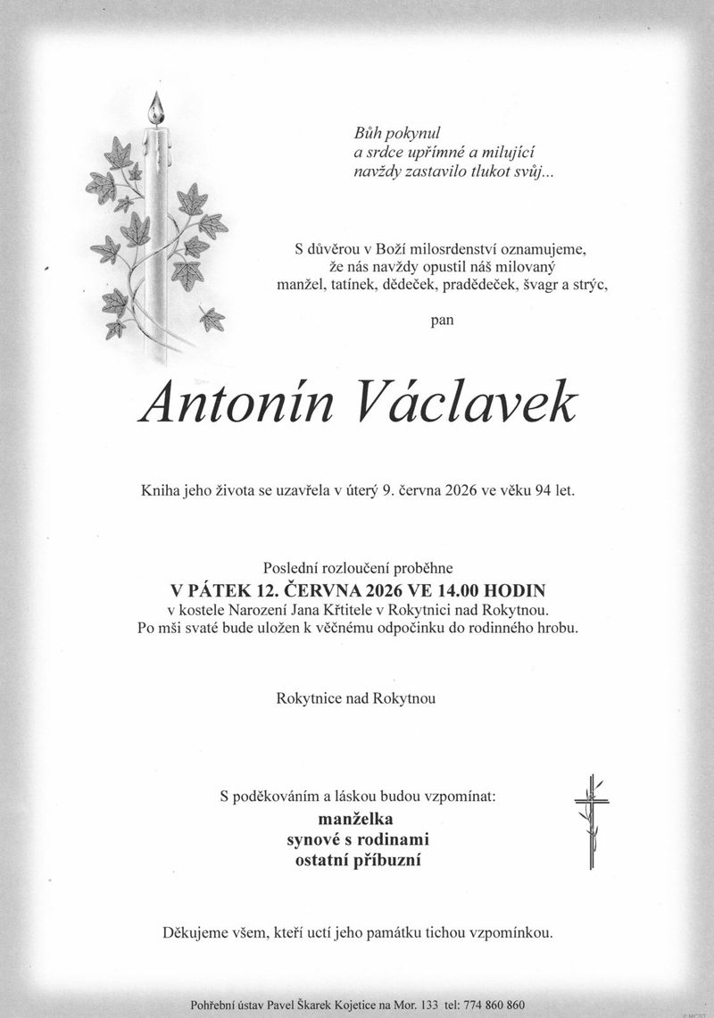 Smuteční oznámení – Antonín Václavek