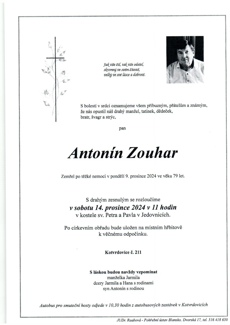 Smuteční oznámení – Antonín Zouhar