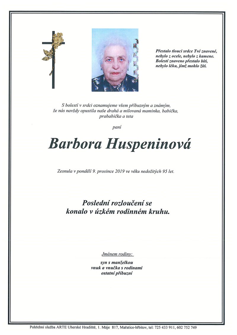 Smuteční oznámení – Barbora Huspeninová