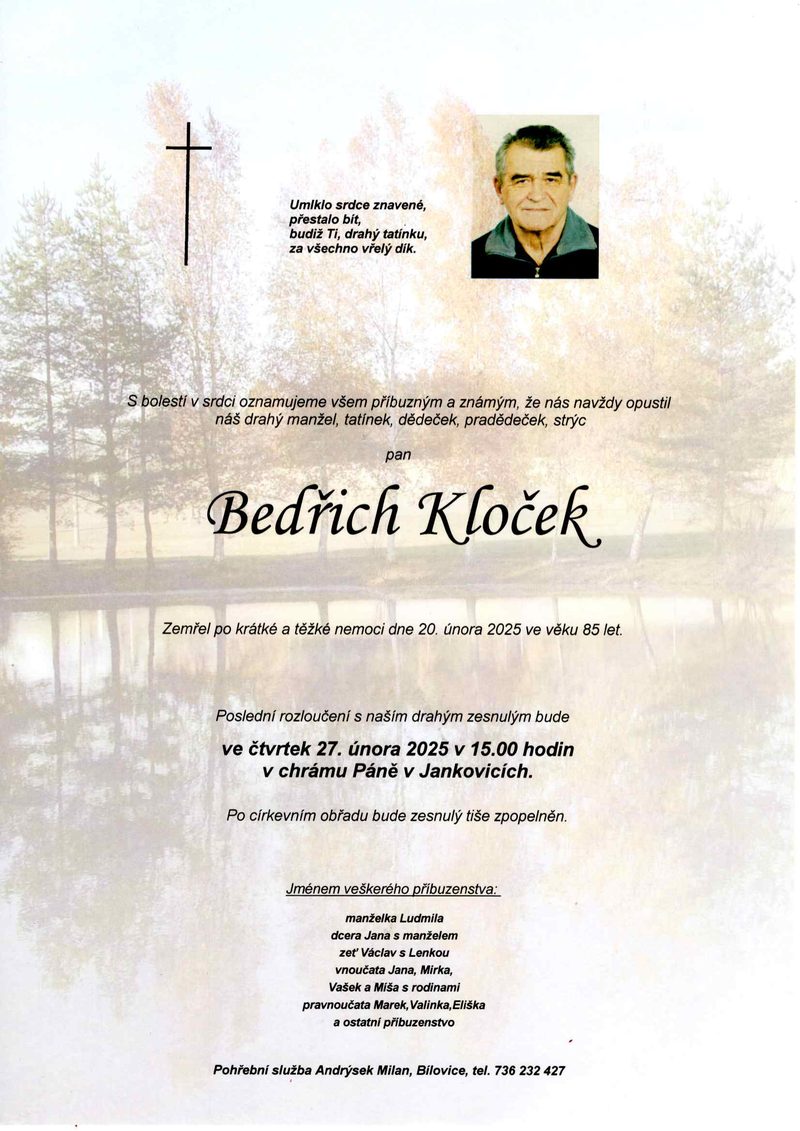 Smuteční oznámení – Bedřich Kloček