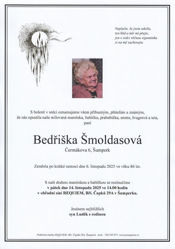 Smuteční oznámení – Bedřiška Šmoldasová