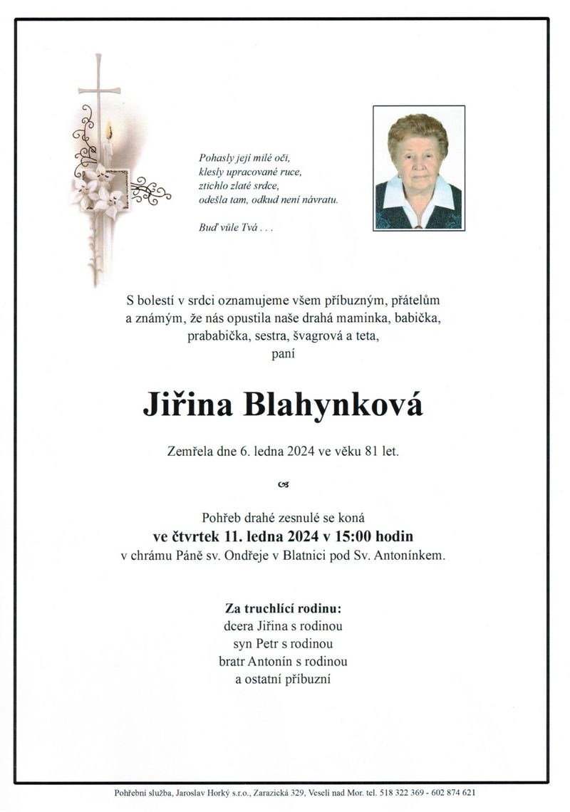 Smuteční oznámení – Blahynkova Umrti