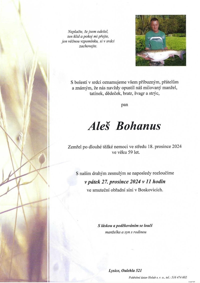 Smuteční oznámení – Bohanus Ales