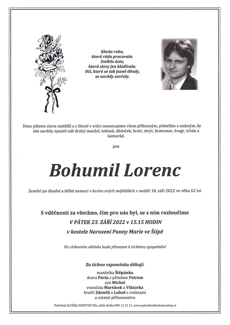 Smuteční oznámení – Bohumil Lorenc