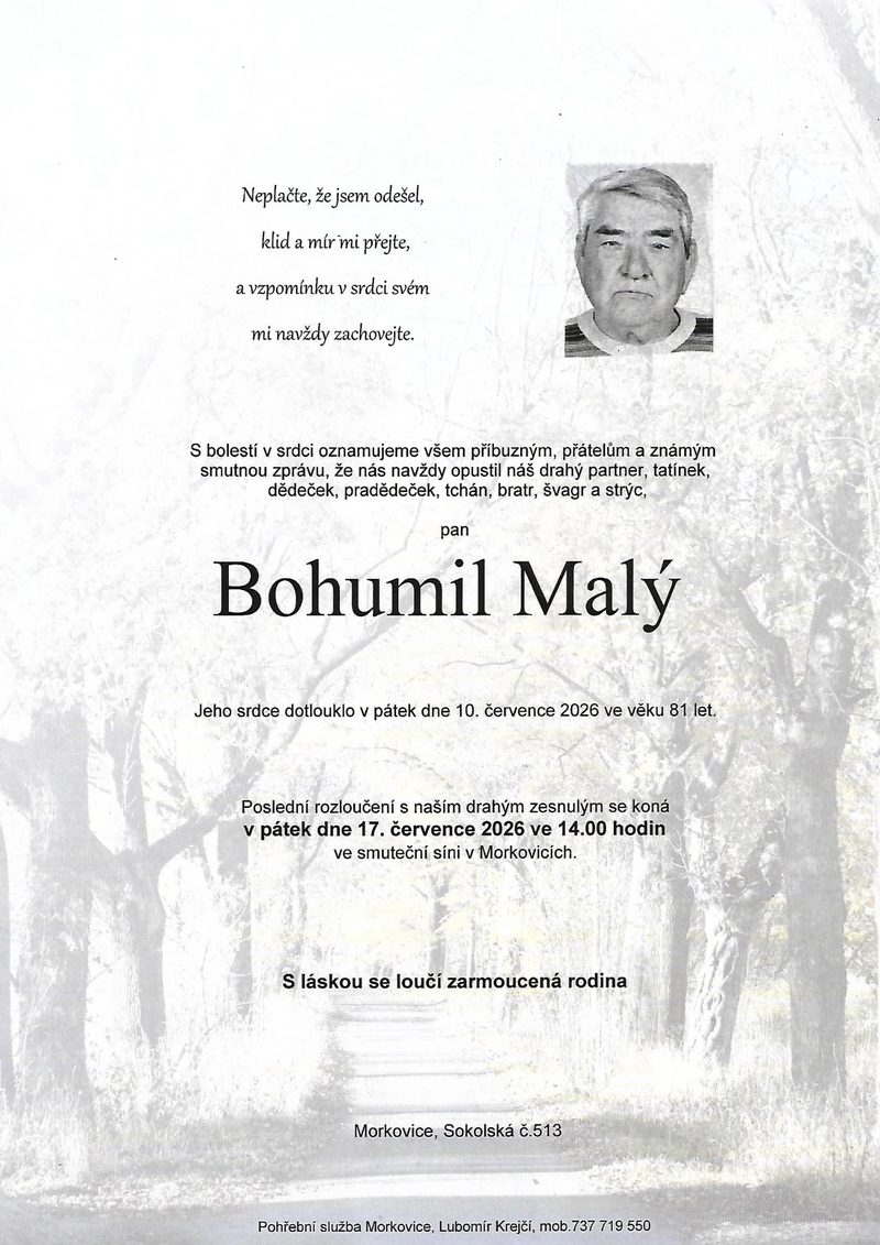 Smuteční oznámení – Bohumil Malý