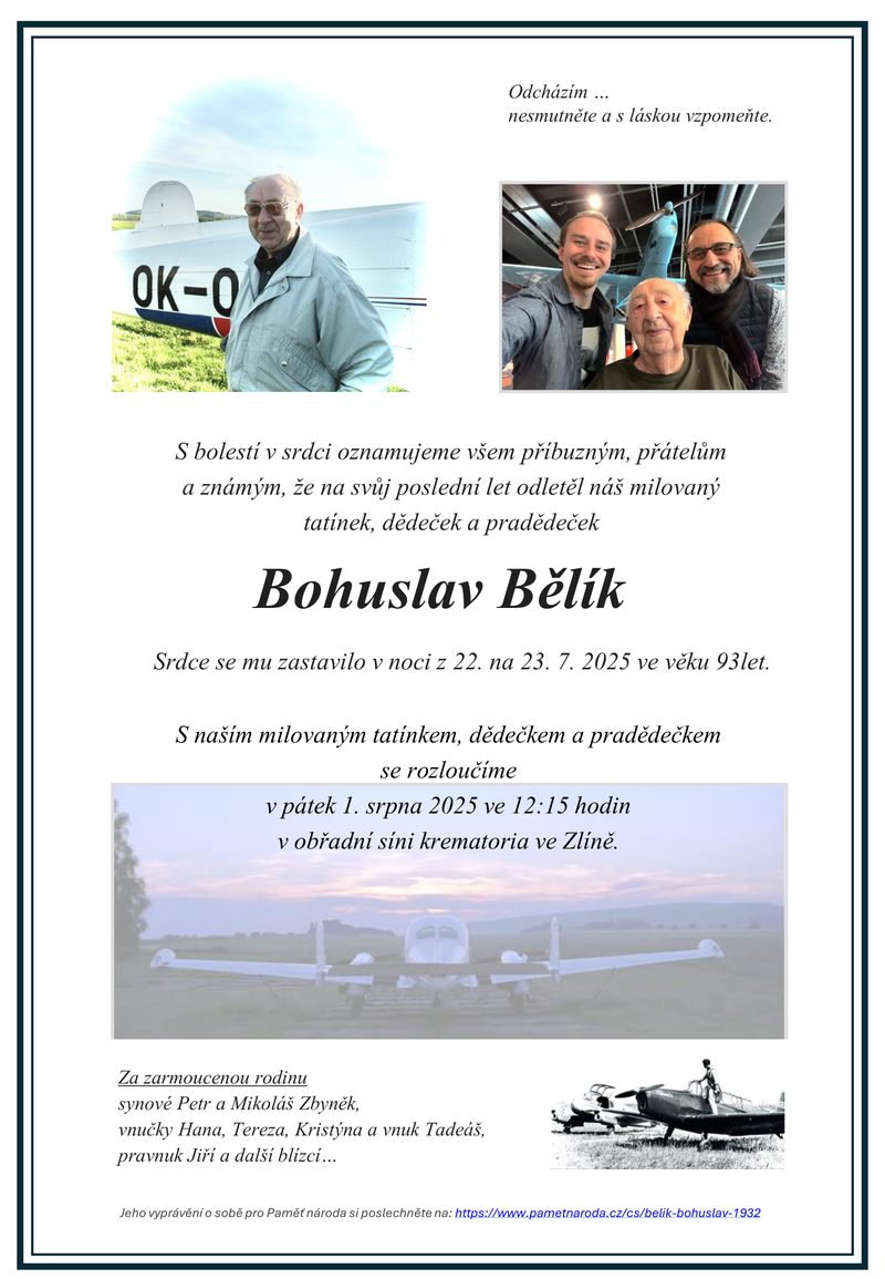 Smuteční oznámení – Bohuslav Belik