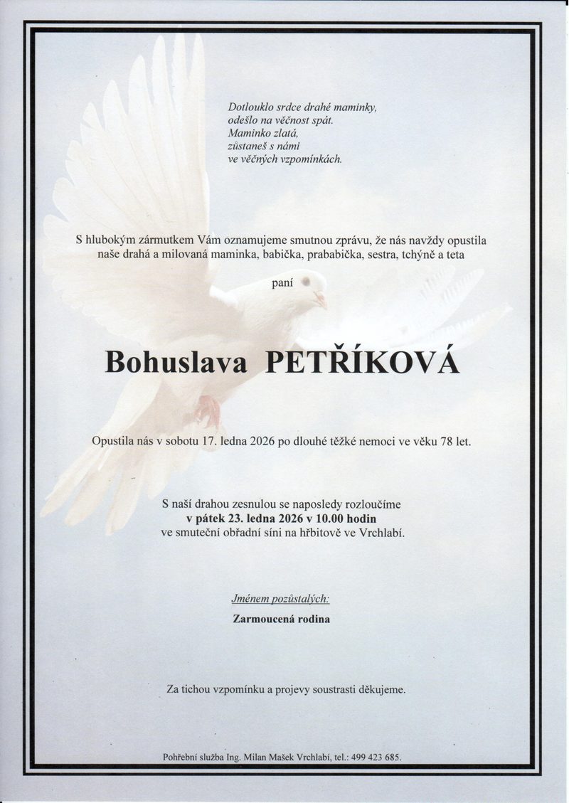 Smuteční oznámení – Bohuslava Petříková