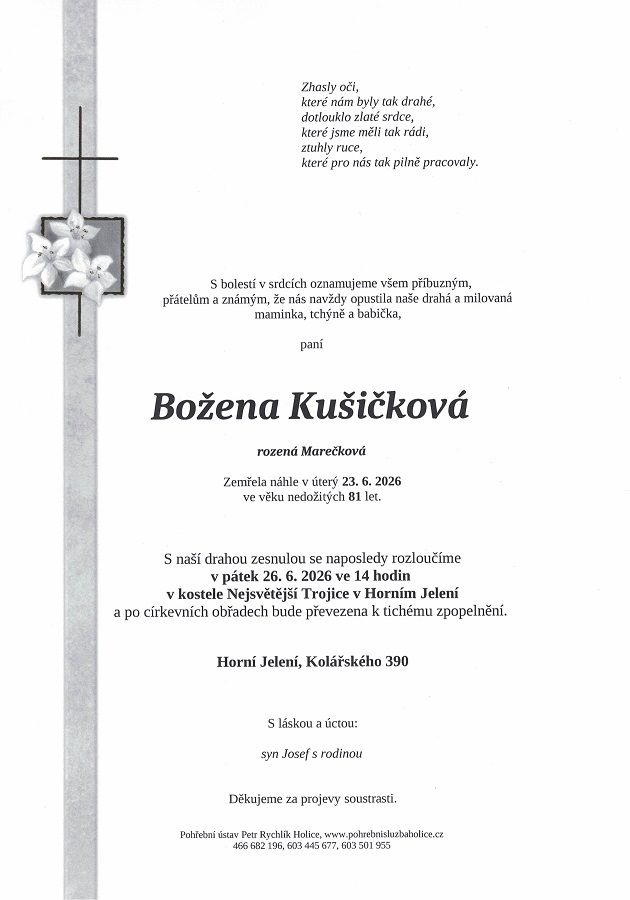 Smuteční oznámení – Božena Kušičková