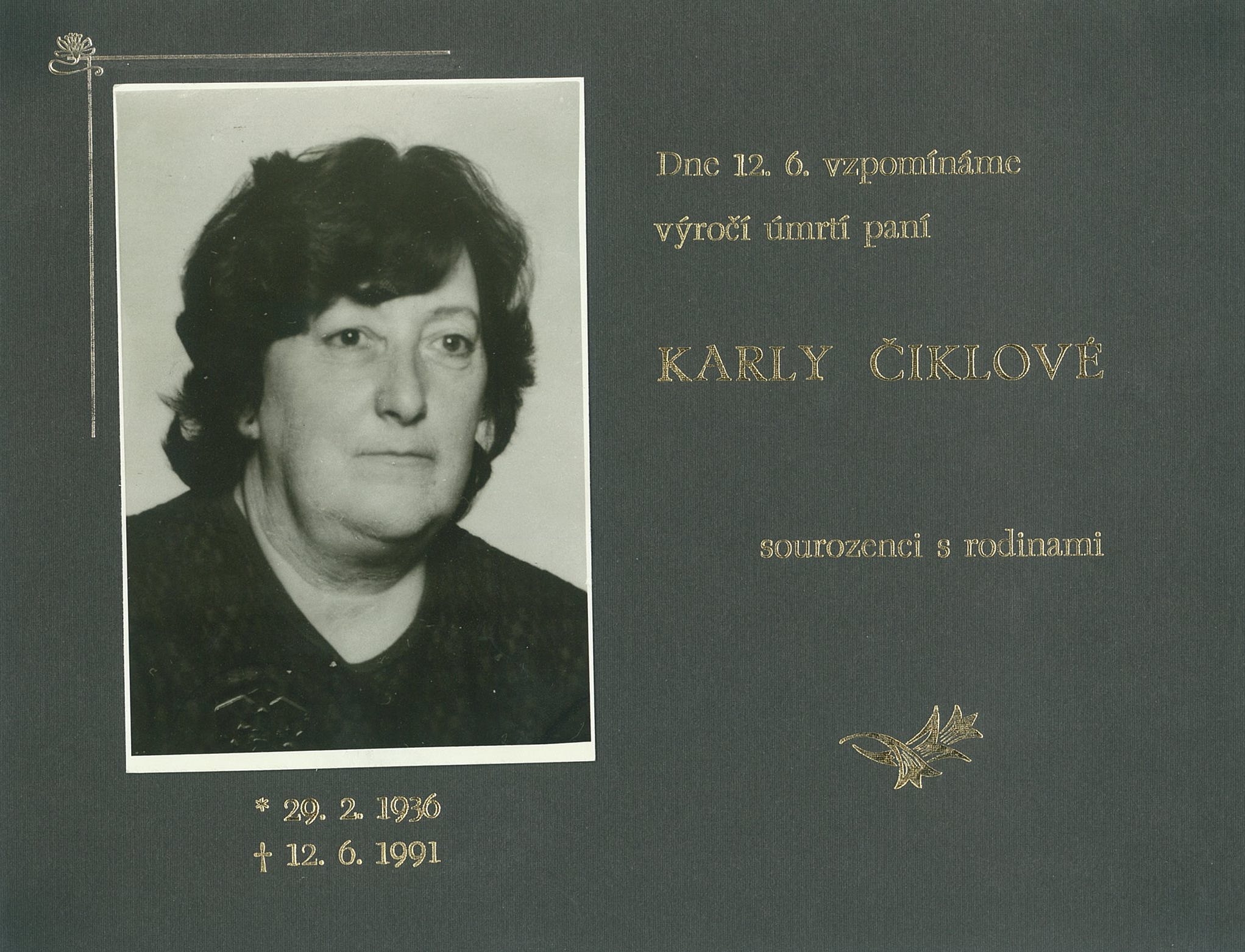 Smuteční oznámení – Ciklova Karla