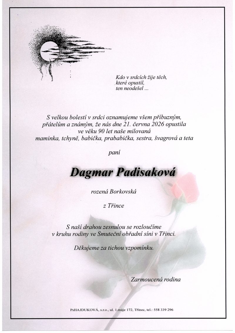 Smuteční oznámení – Dagmar Padisaková