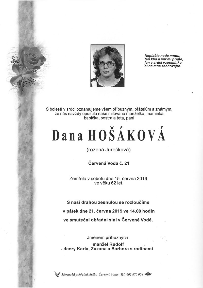 Smuteční oznámení – Dana Hošáková