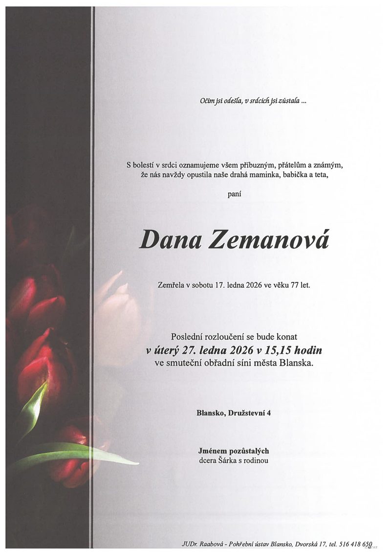 Smuteční oznámení – Dana Zemanová