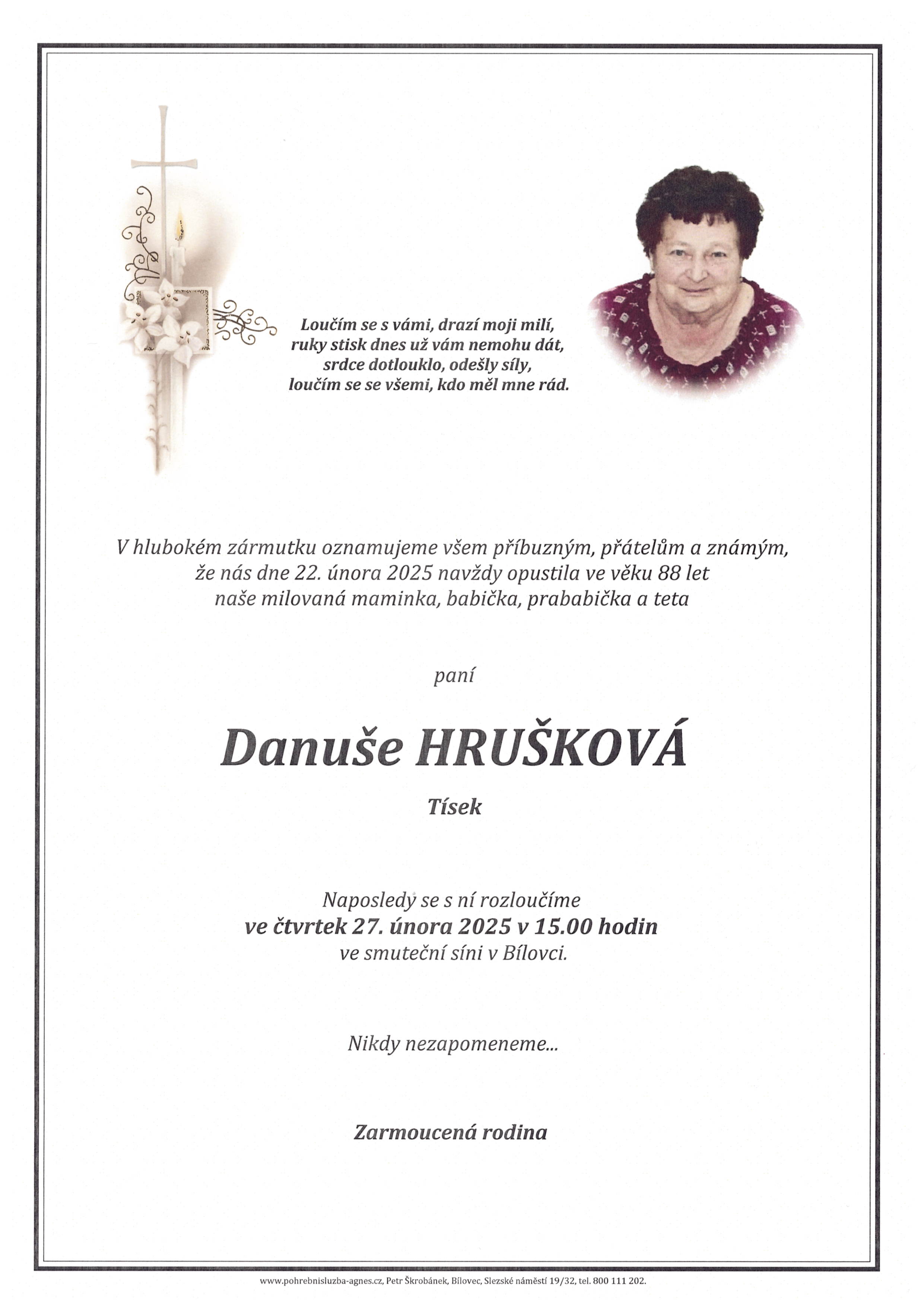 Smuteční oznámení – Danuše Hrušková