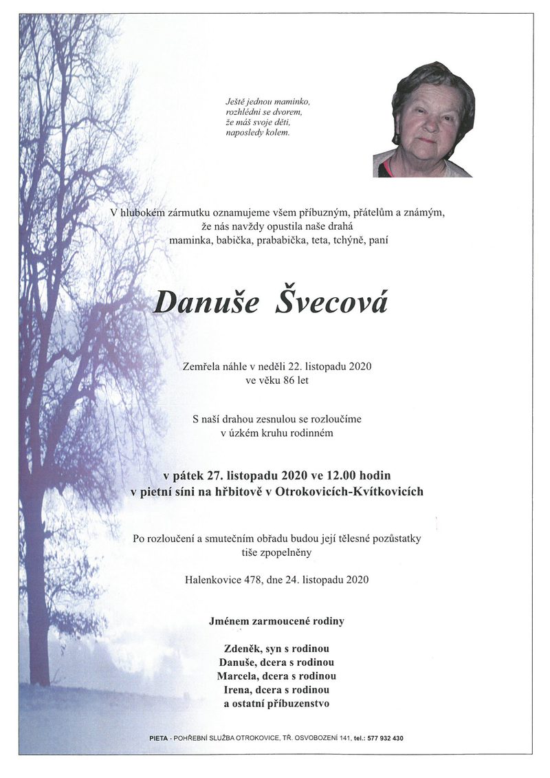 Smuteční oznámení – Danuše Svecová