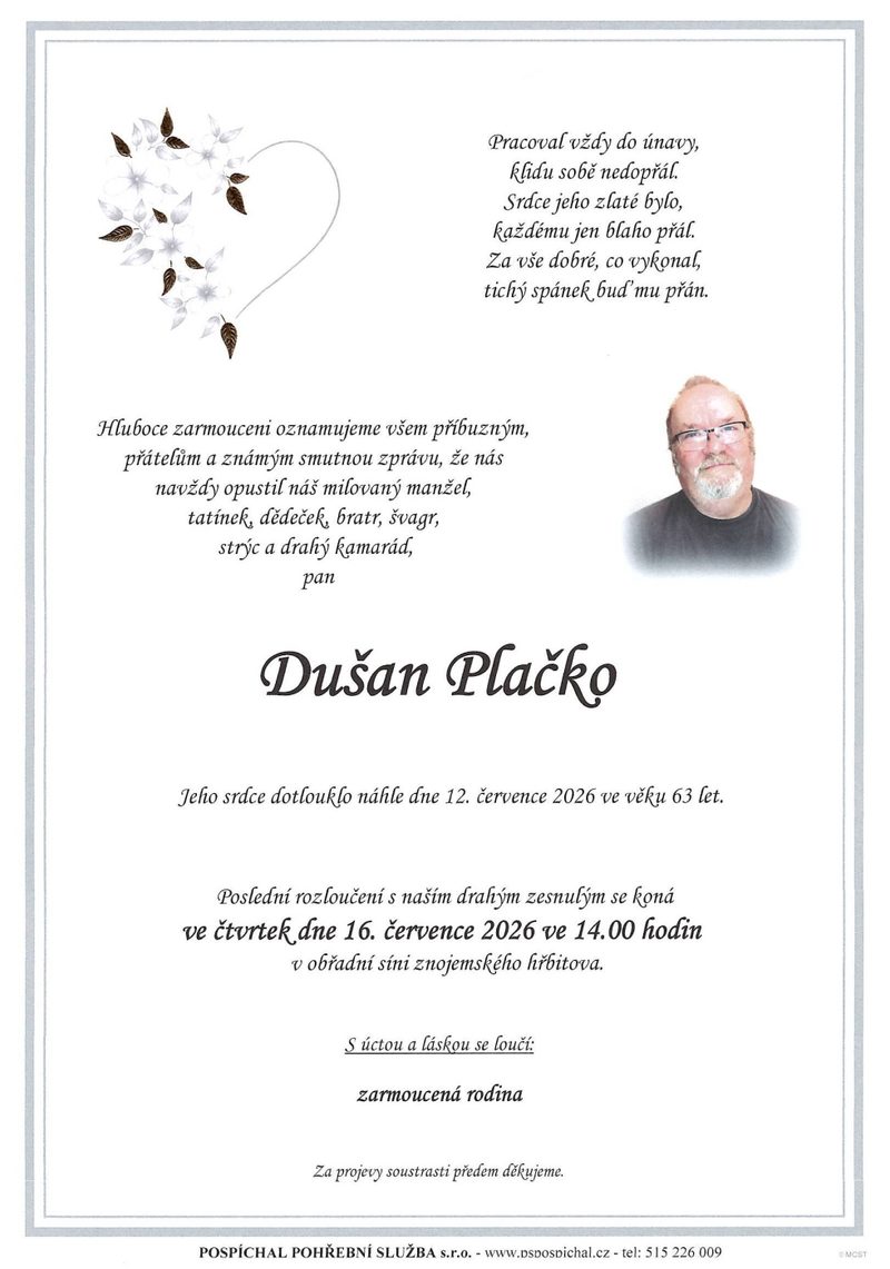 Smuteční oznámení – Dušan Plačko