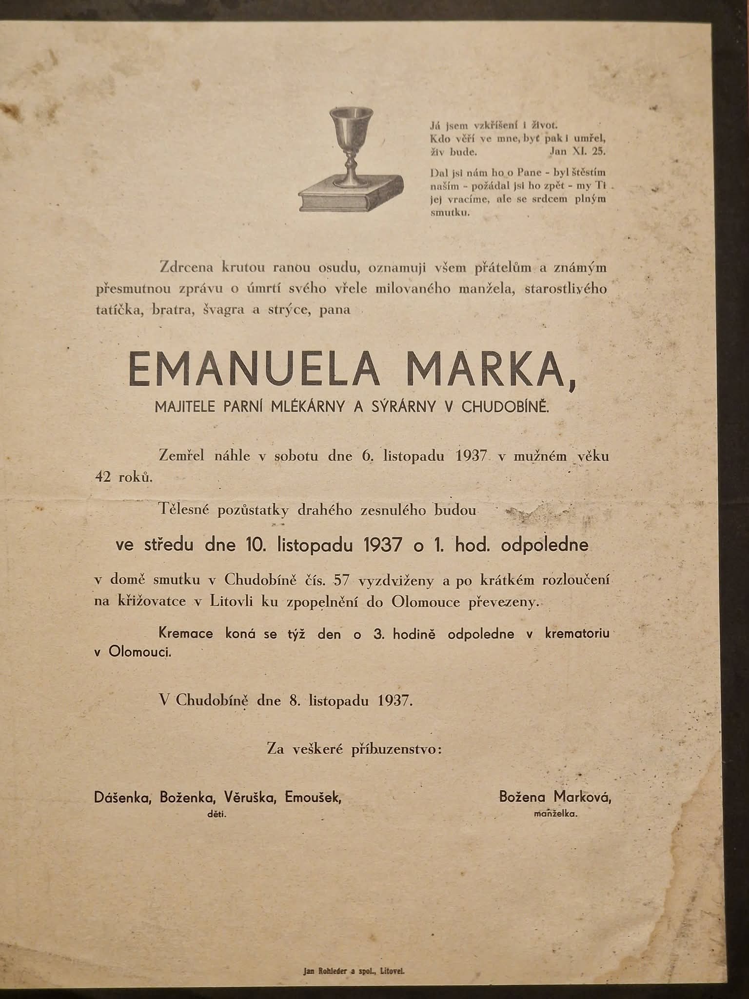 Smuteční oznámení – Emanuela Marka