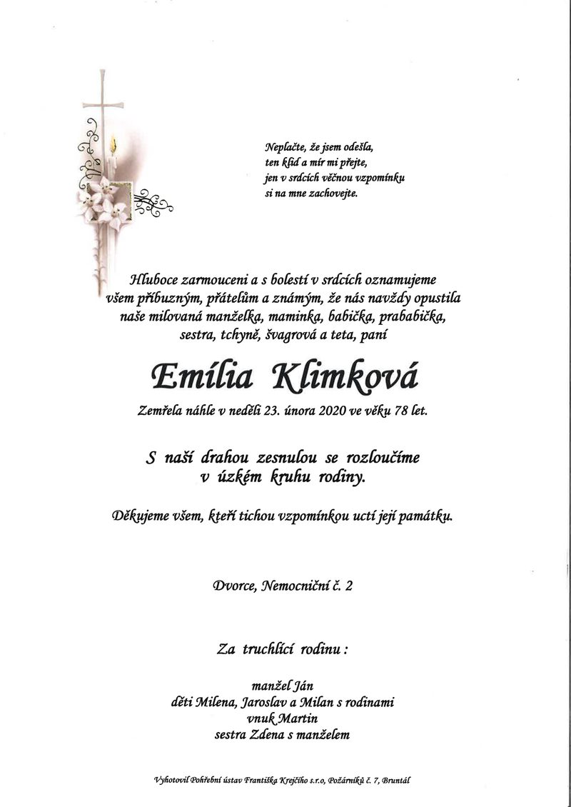 Smuteční oznámení – Emilia Klimkova