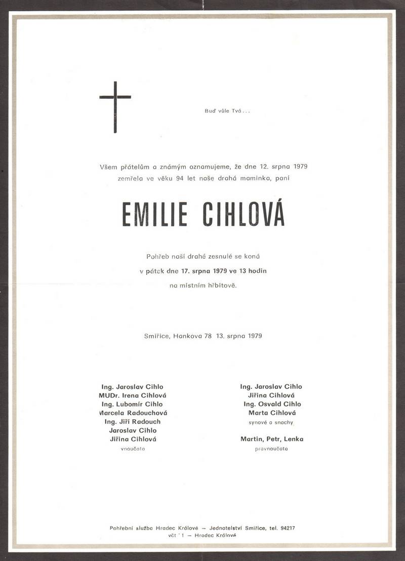 Smuteční oznámení – Emilie Cihlová